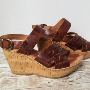 BORN Leather Cork Wedge Strappy Sandal Size 8